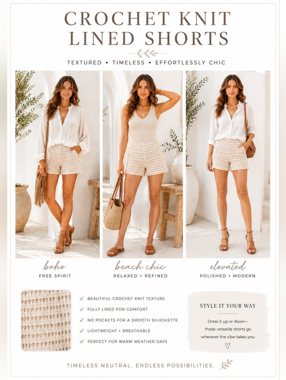NWT | Skies Are Blue | Cream Crochet Knit Lined Shorts | Size M | Boho | Coastal - Picture 4 of 7